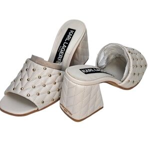 BRAND NEW Karl Lagerfeld Paris Shia Studded Peep Toe Slip On Sandals Soft White